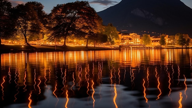 reflection of the lights and the mountain