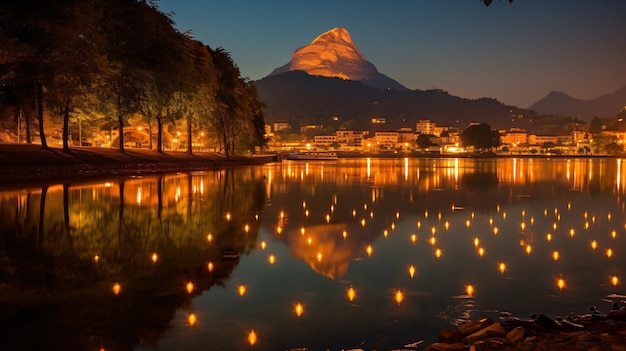 reflection of the lights and the mountain