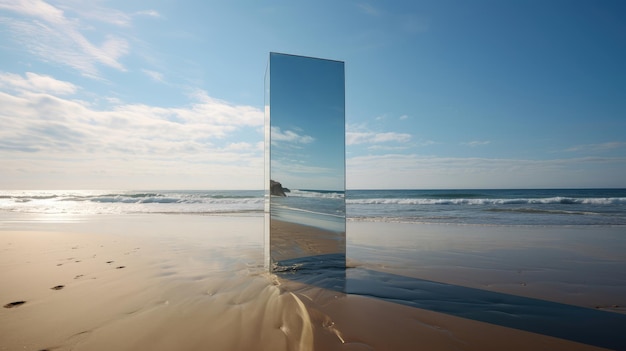 Reflection in the mirror of a beach with a rock in the foreground