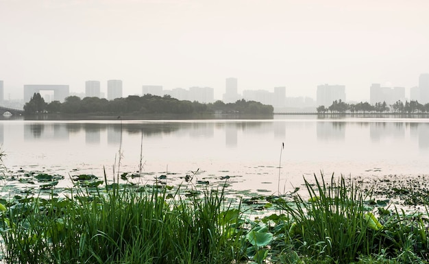 Reflection of modern city buildings in water at morning