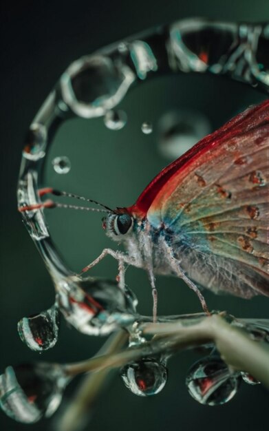 Photo reflection of a monarch butterfly in drops of water