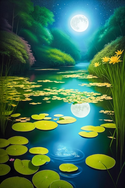 Reflection of the moon in the water of the swampNightMysterious magical forestWater liliesDigital creative designer art drawingAI illustration