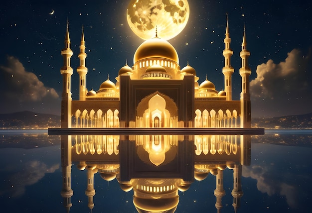 a reflection of a mosque with a full moon