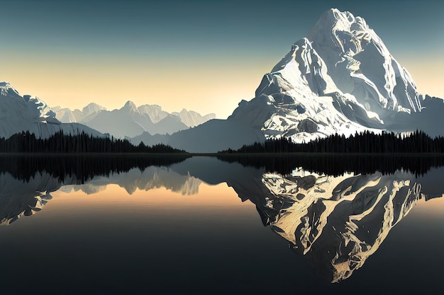 The reflection of the mountain in a lake, 3D rendering.