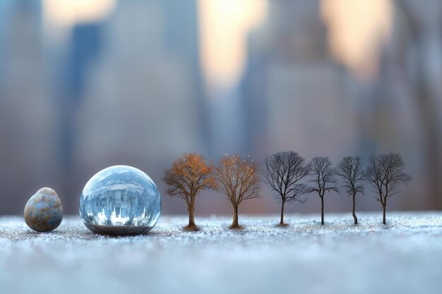 Photo a reflection of natures progression with a single tree in a crystal ball