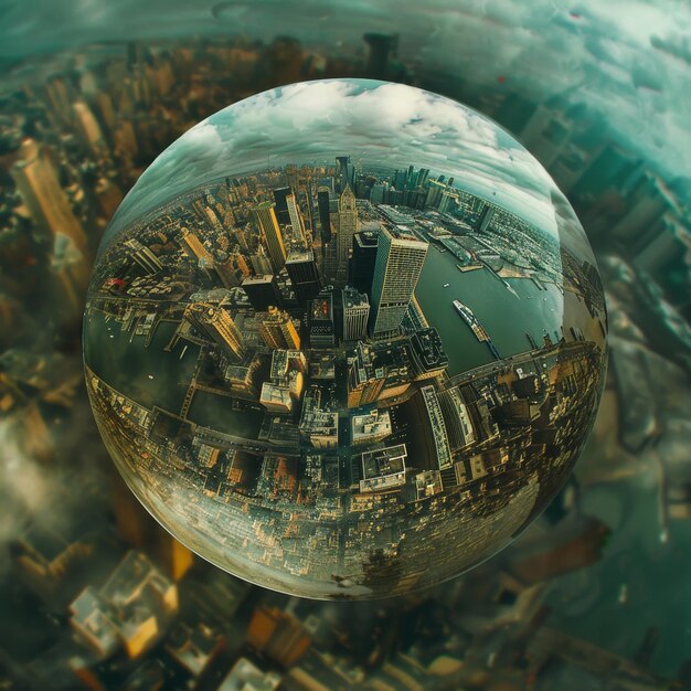 Photo reflection of new york city in a crystal ball 3d rendering