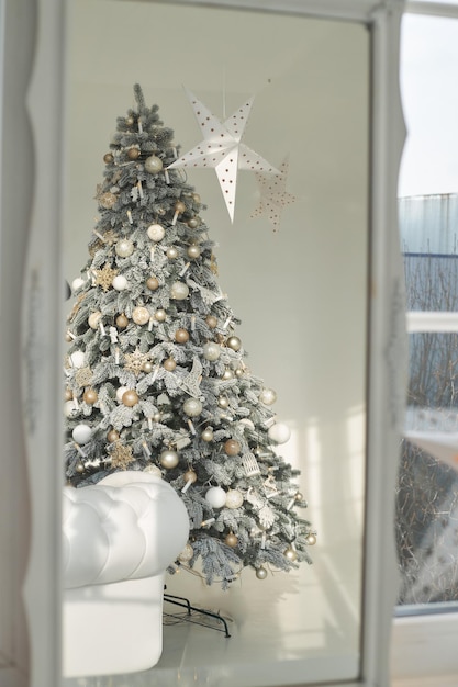 Reflection of a newly planted Christmas tree in the mirror