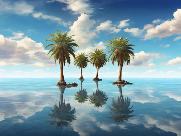 Photo reflection of palm trees and sky in the water ai generated