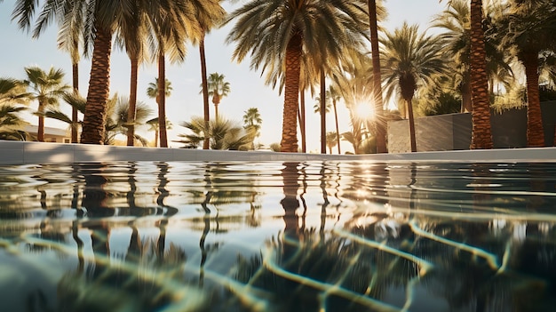 Reflection of palm trees and umbrellas in a swimming