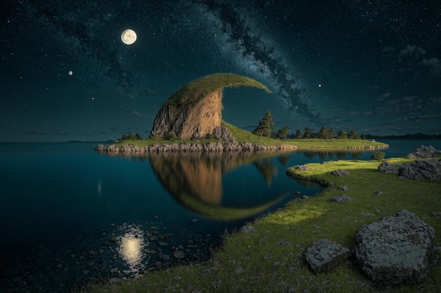 reflection of a rock in the waters of the lake in the form of the flag of Algeria