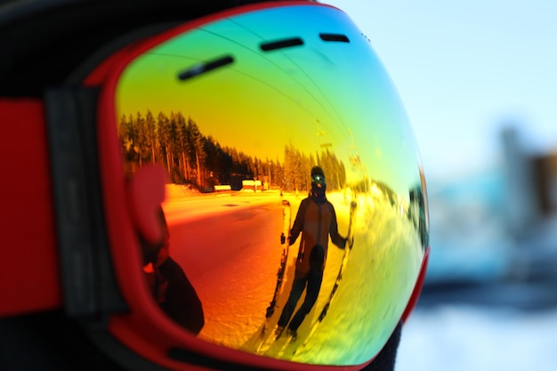 Reflection of skier in goggles close up