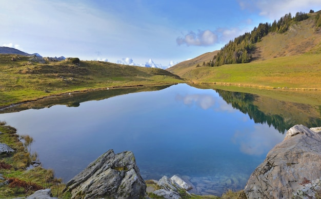 Reflection of the sky on the water of an alpine mountain lake