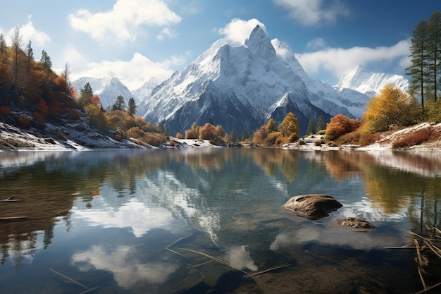 Reflection of a snowcapped peak in a mirrorlike alpine lake