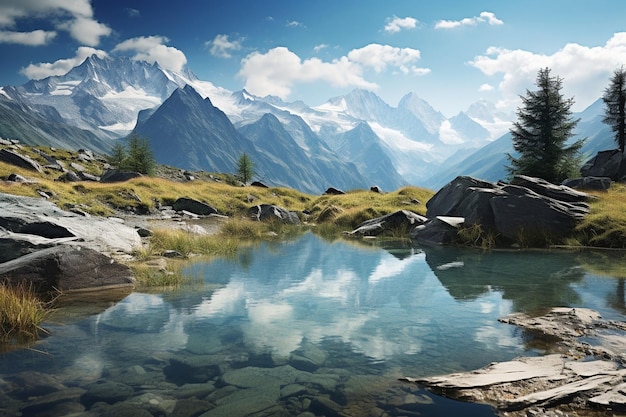 Reflection of a snowcapped peak in a mirrorlike alpine lake