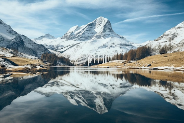 Reflection of a snowcapped peak in a mirrorlike alpine lake