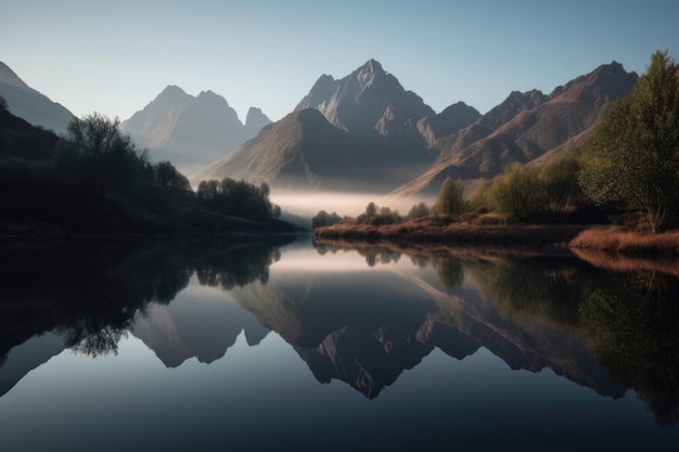 Reflection of towering mountain range and lake in misty morning light created with generative ai