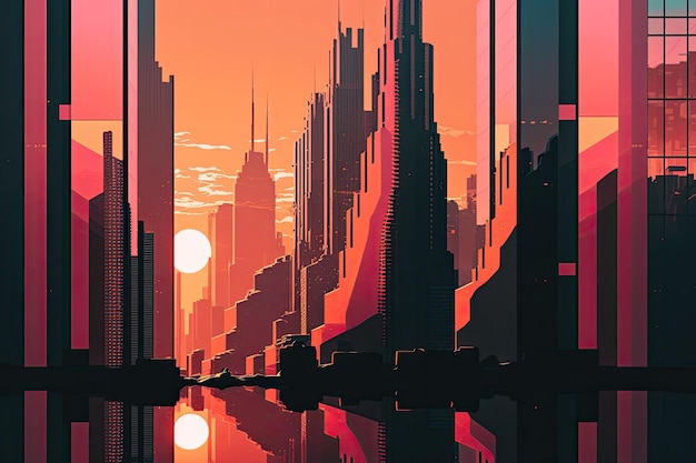 Reflection of towering skyscrapers and the setting sun with orange and pink hues created with generative ai