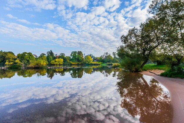 Reflection of trees in water against sky