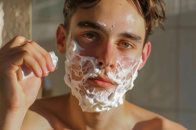 Reflection of young man applying shaving cream on cheek at home