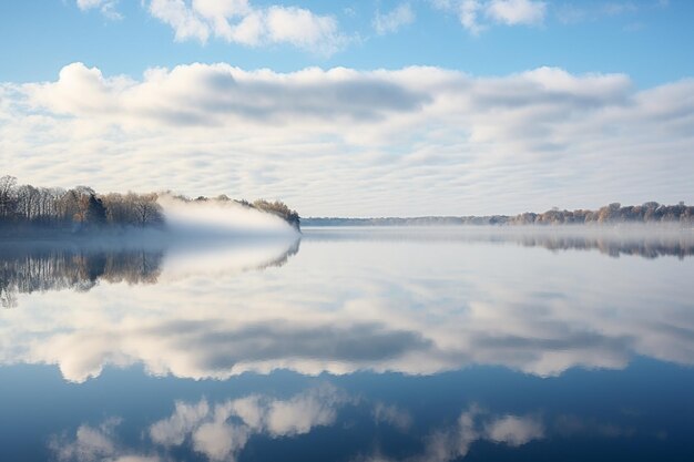 Photo reflections of clouds in a calm crystalclear lake