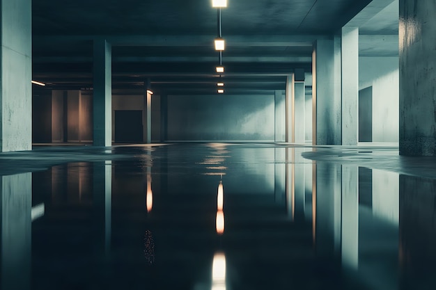 Photo reflections in a modern underground parking garage during twilight hours generative ai