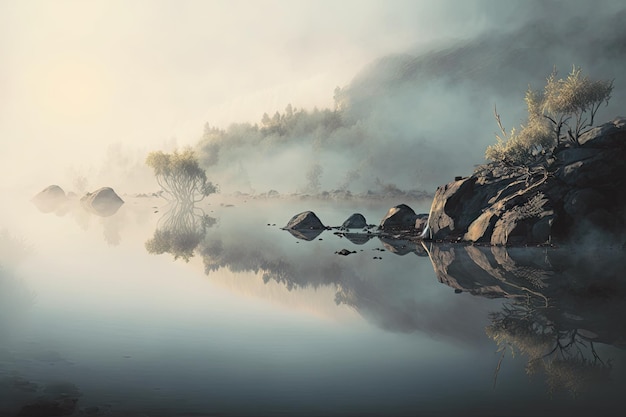 Reflections on surface of calm water and haze over river