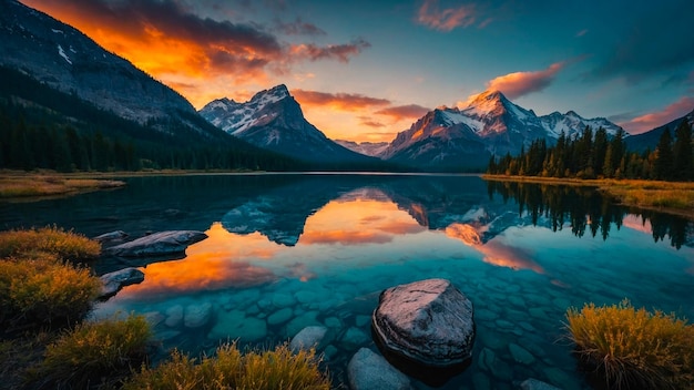 Photo reflections in tranquil lake with mountain view nature generated by ai