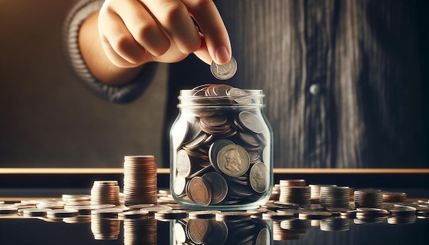 Reflections of Wealth Hand Dropping Coin into Overflowing Jar Symbolizing Abundant Savings