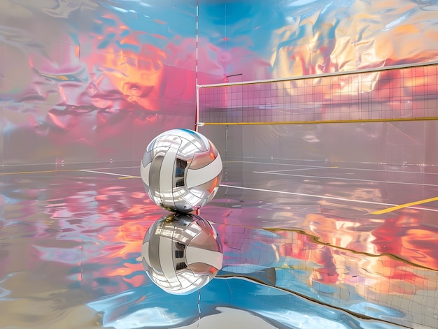 Photo reflective chrome volleyball in surreal mirrored indoor court with abstract distortions and contemporary art installation