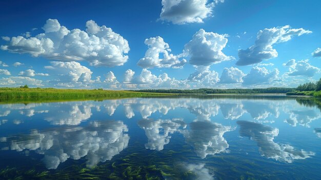 Photo reflective clouds over still lake