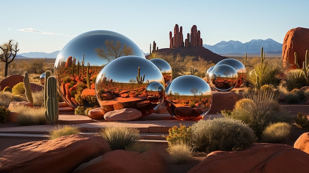 reflective dome in the middle of a desert the landscape has red rocks and and cacti colours are bo