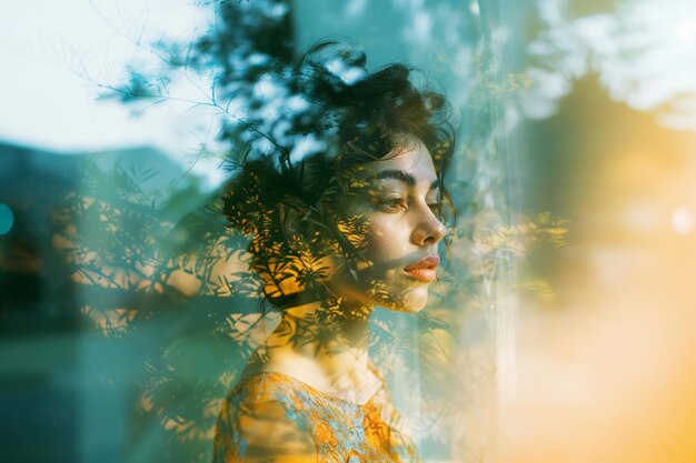 Photo reflective double exposure portrait with nature