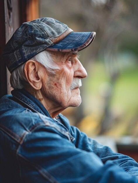 Reflective Elderly Man in Denim Jacket and Cap