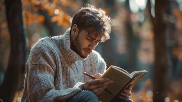 A reflective figure writes in a journal