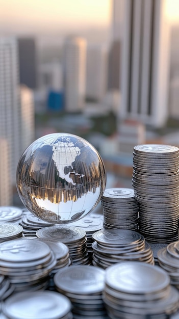 A reflective glass globe sits atop a towering stack of coins against a soft white backdrop symbolizing wealth and global connection