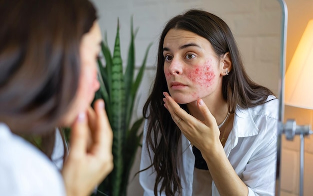 Photo a reflective image of a woman examining her acne in a mirror