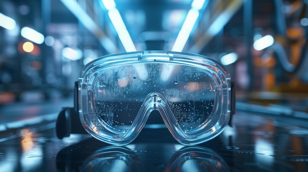 Reflective safety goggles resting on a sleek futuristic surface with blue lighting