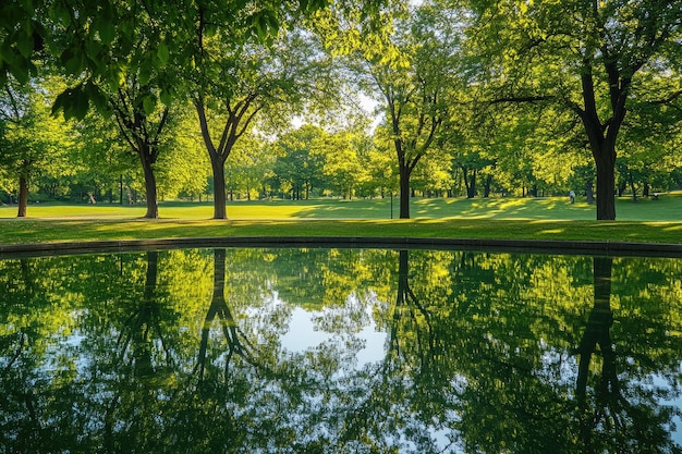 Photo reflective serenity a tranquil pond nestled amidst verdant trees