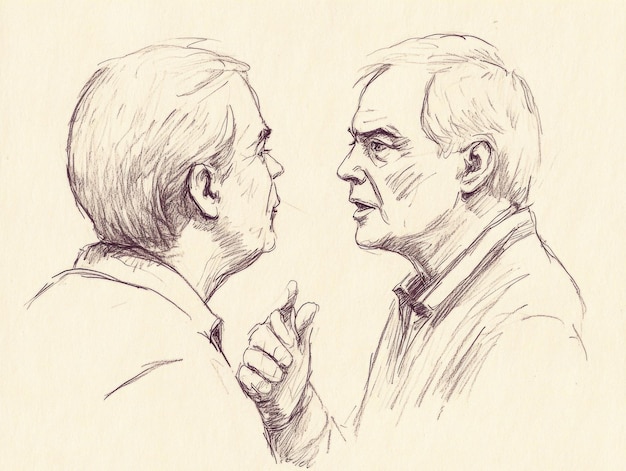 Reflective sketch of conversation between two elderly men in profile