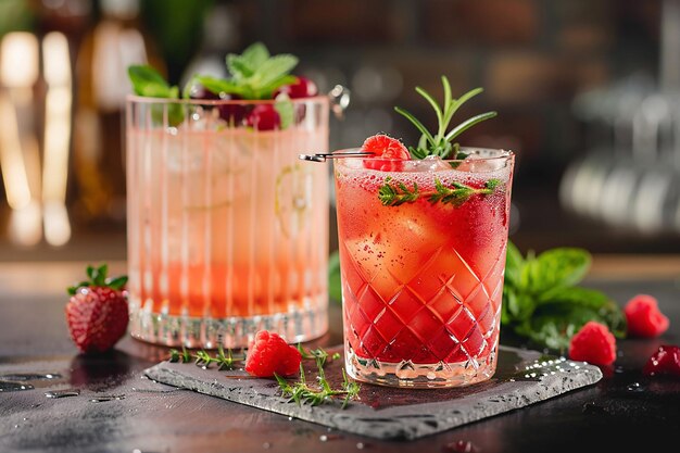 Refreshing alcoholic cocktails on a bar garnished with fresh fruits and herbs