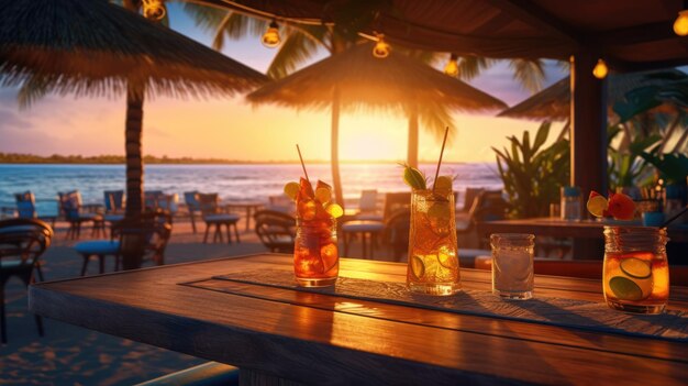 Refreshing alcoholic cocktails with ice mint and fruit on the bar in closeup front of the sea Sunset Party