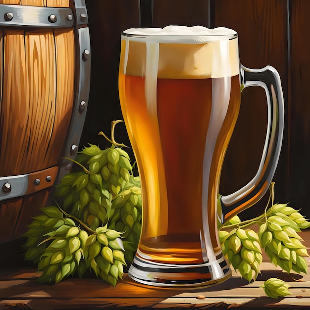 Refreshing Ale with Green Hops and Golden Barley on Vintage Wooden Background