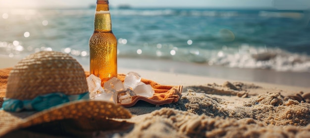 Refreshing Beer Bottle on Sandy Beach with Ice Towel and Sun Hat by the Ocean Waves Summer Vacation Concept