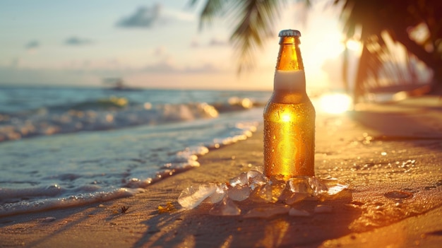 Refreshing Beer Bottle on Sandy Beach with Sunset and Palm Shadows Summer Vacation Concept