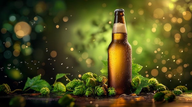 Refreshing beer bottle with hops