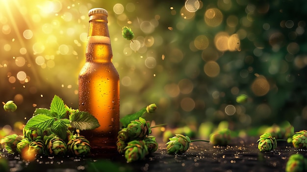 Refreshing beer bottle with hops