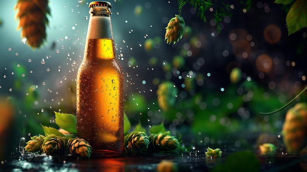 Refreshing beer bottle with hops