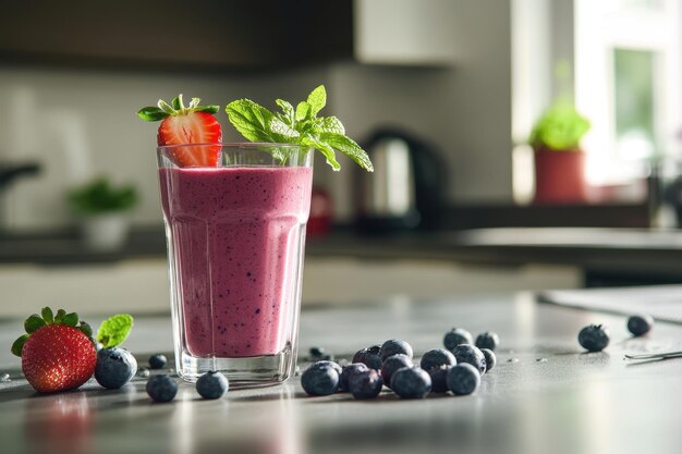 Photo a refreshing berry smoothie garnished with a strawberry and mint leaves on a kitchen counter