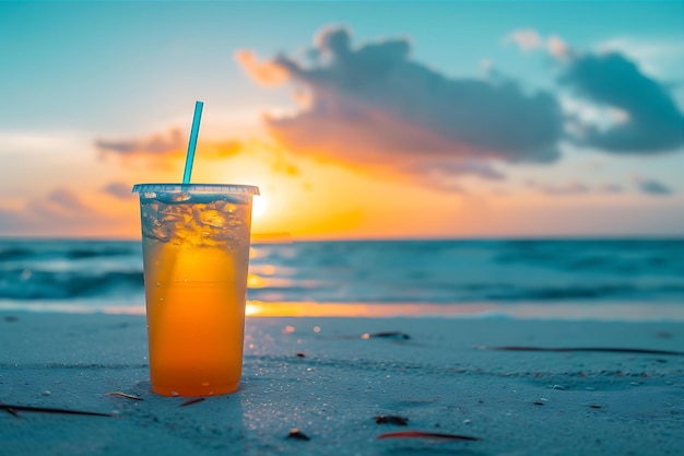 Refreshing Beverage on the Beach with Azure Sky