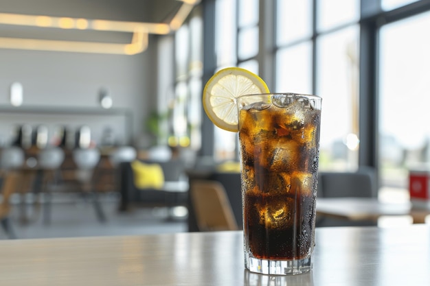 Refreshing Black Iced Coffee with Lemon Slice in Modern Office Space Perfect for Summer